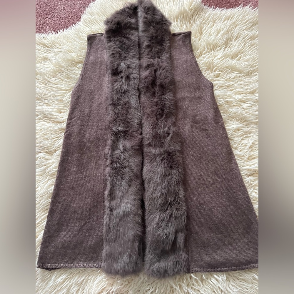 Neiman Marcus Brown Sweater with Faux Fur Trim